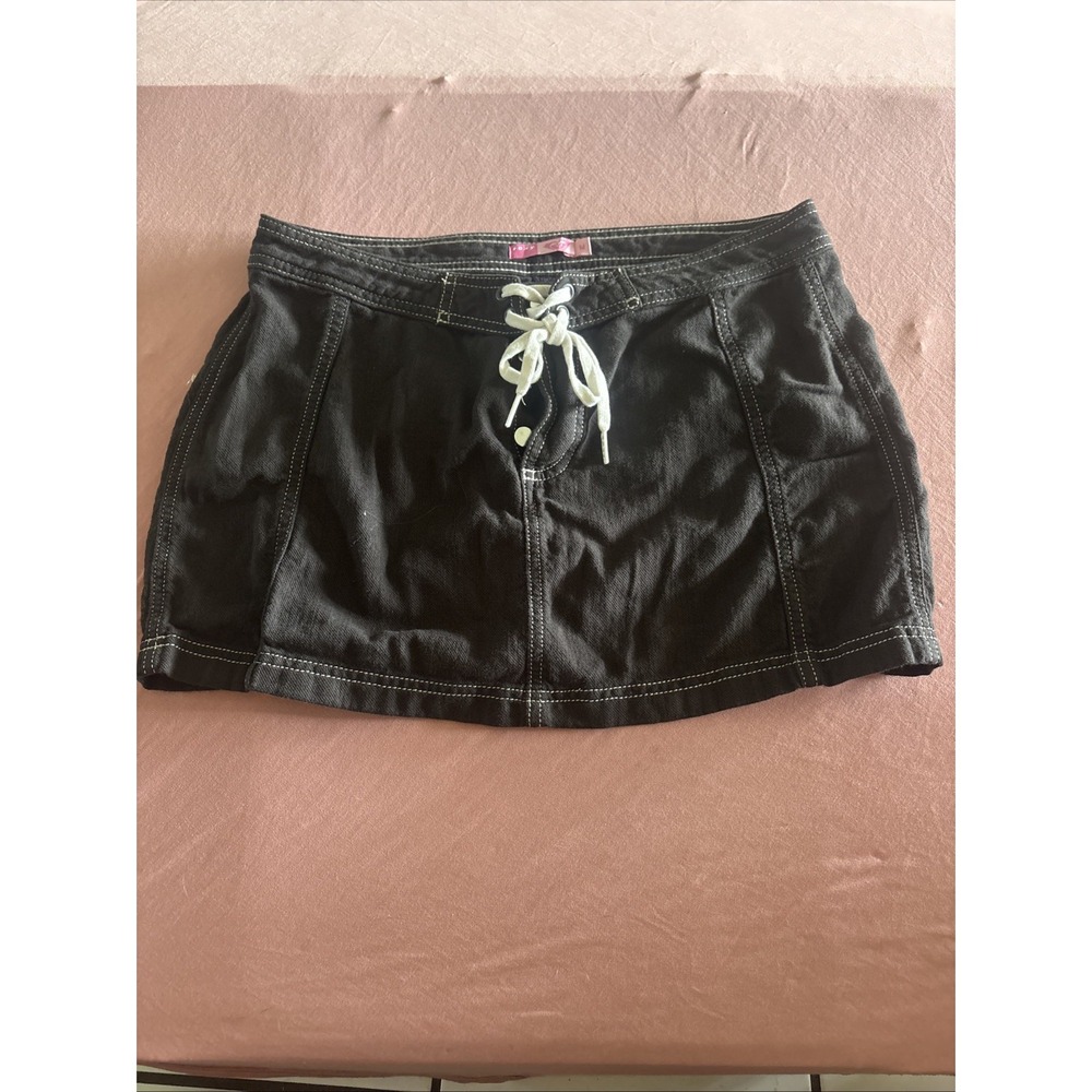 Roxy Black Mini Skirt Size Medium Button Front Contrast Stitch Pockets Cotton